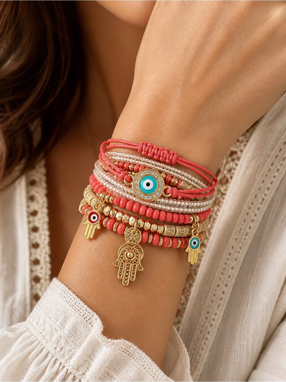 Coral Hamsa & Evil Eye Layered Bracelet Set
